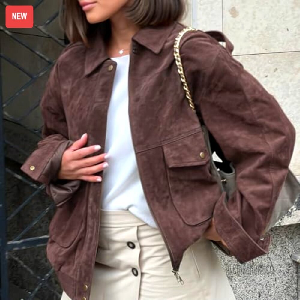 Vintage Faux Suede Bomber Jacket Cropped Biker Moto Style Oversized Fit - Picture 2 of 5